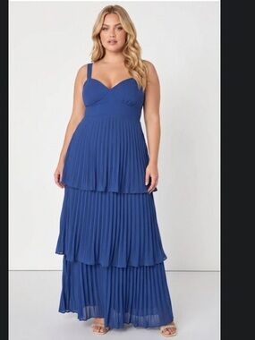 Lulus Formal Blue  Tiered Chiffon Dress Wedding Guest 2X Maxi
